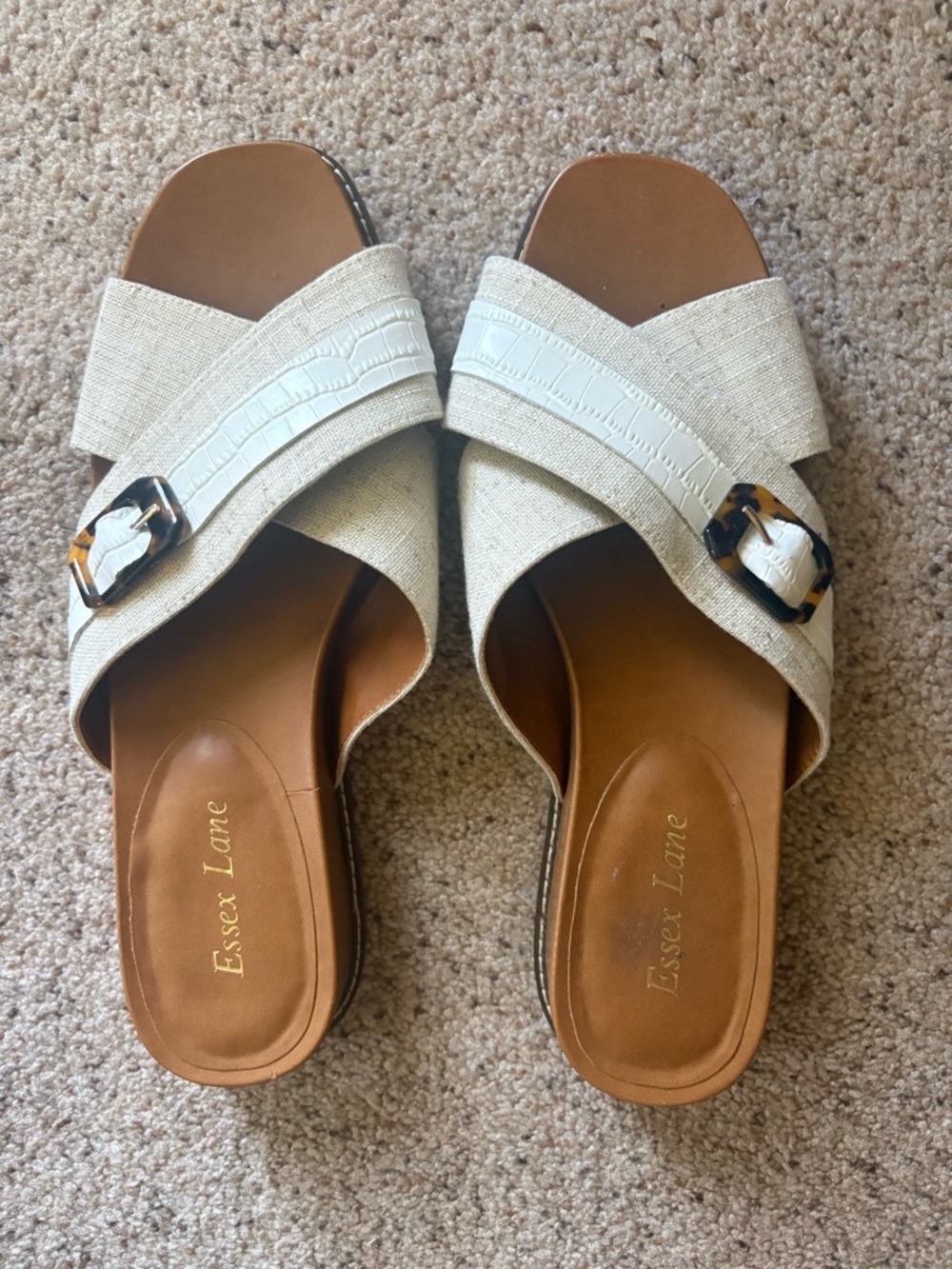 Essex Lane Cream Cross-Strap Slide Sandals with Tortoiseshell Buckle